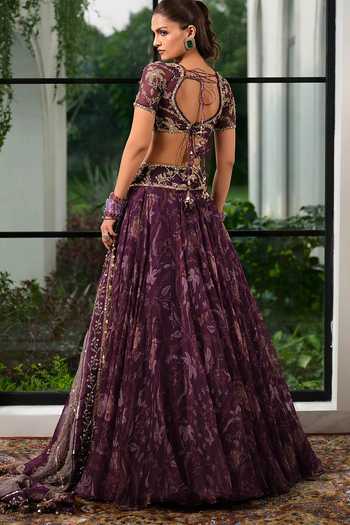 Shop_Mahima Mahajan_Purple Silk Organza Scoop Neck Zoa Floral Print And Embroidered Lehenga Set _at_Aza_Fashions