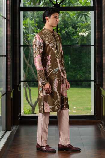 Shop_Mahima Mahajan_Green Silk, Chanderi Saham Printed And Embroidered Kurta Set _Online_at_Aza_Fashions