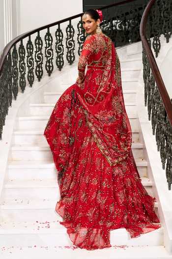 Shop_Mahima Mahajan_Red , Organza, Velvet Round Huda Printed Trail Anarkali With Dupatta _at_Aza_Fashions