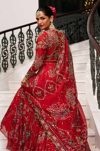 Mahima Mahajan_Red , Organza, Velvet Round Huda Printed Trail Anarkali With Dupatta _Online