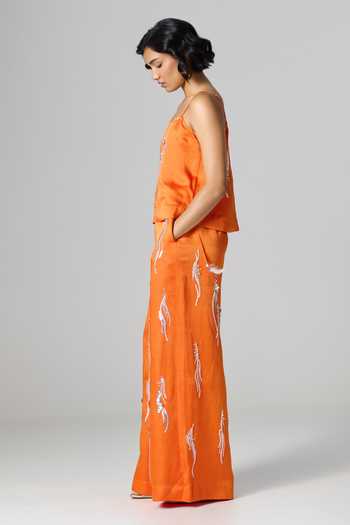 Shop_Dilnaz_Orange Linen Square Neck Rasna Embroidered Trouser Set _at_Aza_Fashions