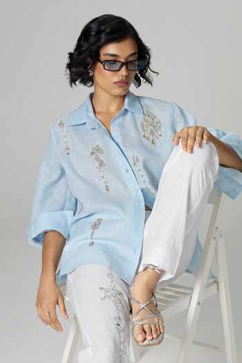 Shop_Dilnaz_White Linen Summer Embellished Trouser _at_Aza_Fashions