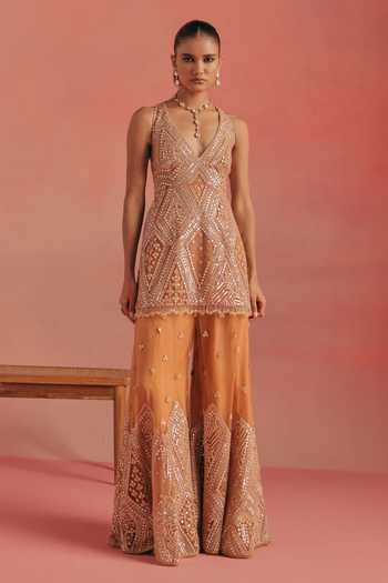 Twenty Nine_Orange Net Resham Applique Work Bootcut Pant _Online_at_Aza_Fashions