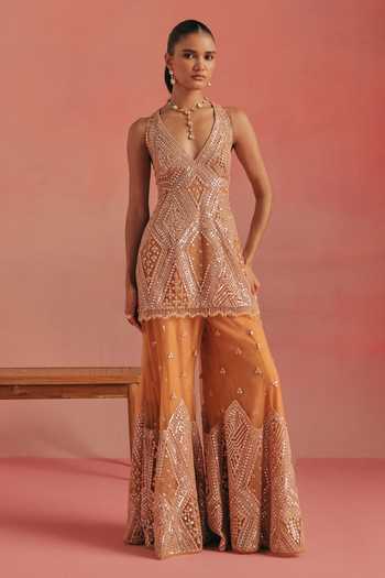 Buy_Twenty Nine_Orange Net Resham Applique Work Bootcut Pant _at_Aza_Fashions