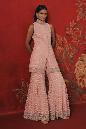 Buy_Twenty Nine_Pink Net Mirrorwork Bell Bottom Pant _Online_at_Aza_Fashions