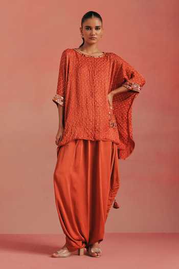 Buy_Twenty Nine_Orange Silk, Satin Mirrors Drawstring Dhoti Pant _at_Aza_Fashions