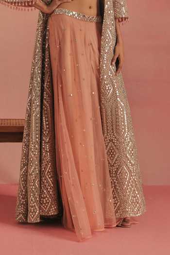 Shop_Twenty Nine_Pink Net Mirrorwork Flared Draped Skirt Pant _at_Aza_Fashions