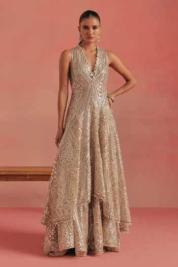 Twenty Nine_Gold Net Mirror Work Sharara _Online_at_Aza_Fashions