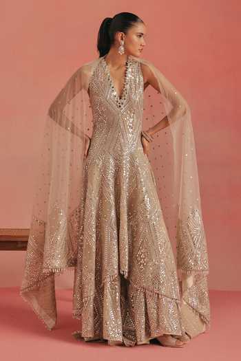 Twenty Nine_Gold Net Mirror Work Sharara _at_Aza_Fashions