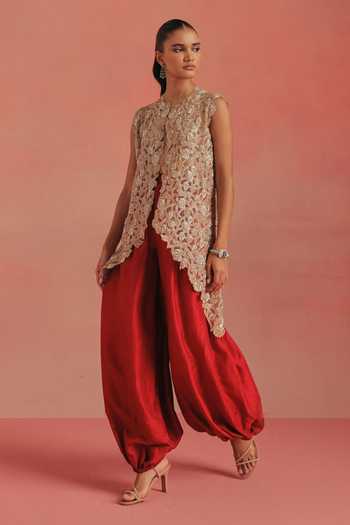 Twenty Nine_Maroon Silk Barrel Dhoti Pant _Online_at_Aza_Fashions