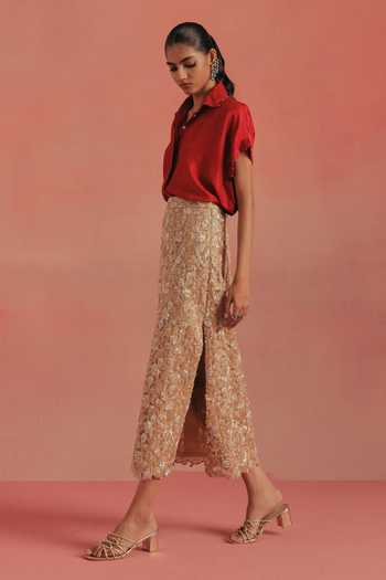 Twenty Nine_Gold Net Side Slit Pencil Skirt _Online_at_Aza_Fashions