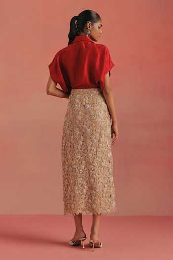 Shop_Twenty Nine_Gold Net Side Slit Pencil Skirt _at_Aza_Fashions