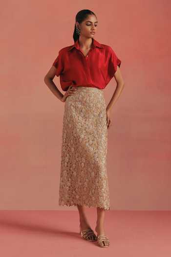 Buy_Twenty Nine_Gold Net Side Slit Pencil Skirt _at_Aza_Fashions