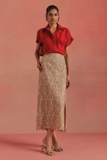Buy_Twenty Nine_Gold Net Side Slit Pencil Skirt _Online_at_Aza_Fashions