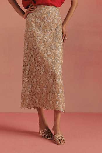 Shop_Twenty Nine_Gold Net Side Slit Pencil Skirt _Online_at_Aza_Fashions