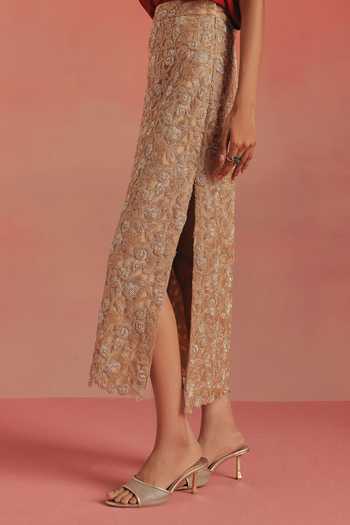 Twenty Nine_Gold Net Side Slit Pencil Skirt _at_Aza_Fashions