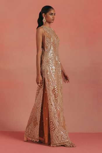 Buy_Twenty Nine_Orange Net Apricot Glow Bell Bottom Pant _at_Aza_Fashions