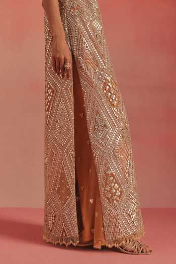 Shop_Twenty Nine_Orange Net Apricot Glow Bell Bottom Pant _at_Aza_Fashions