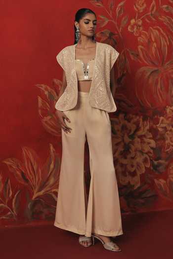 Buy_Twenty Nine_Ivory Silk, Satin Bellbottom Pant _at_Aza_Fashions