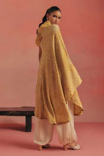 Twenty Nine_Yellow Silk One Shoulder Ruffle Bandhani Dress _Online_at_Aza_Fashions