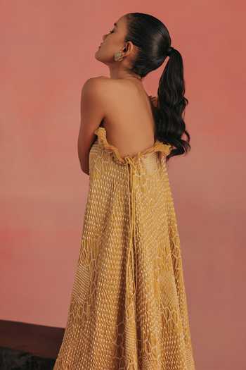 Shop_Twenty Nine_Yellow Silk One Shoulder Ruffle Bandhani Dress _Online_at_Aza_Fashions