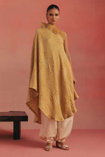 Twenty Nine_Yellow Silk One Shoulder Ruffle Bandhani Dress _at_Aza_Fashions