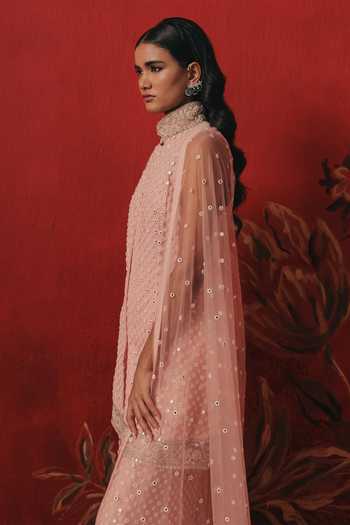 Twenty Nine_Pink Net High Neck Band Collar Sleeveless Short Tunic _Online_at_Aza_Fashions