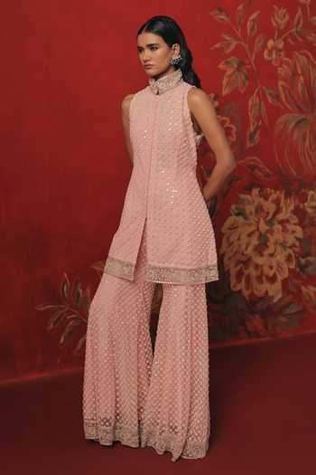 Buy_Twenty Nine_Pink Net High Neck Band Collar Sleeveless Short Tunic _Online_at_Aza_Fashions