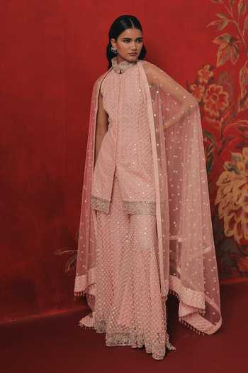 Shop_Twenty Nine_Pink Net High Neck Band Collar Sleeveless Short Tunic _Online_at_Aza_Fashions