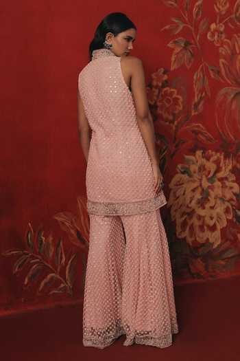 Shop_Twenty Nine_Pink Net High Neck Band Collar Sleeveless Short Tunic _at_Aza_Fashions