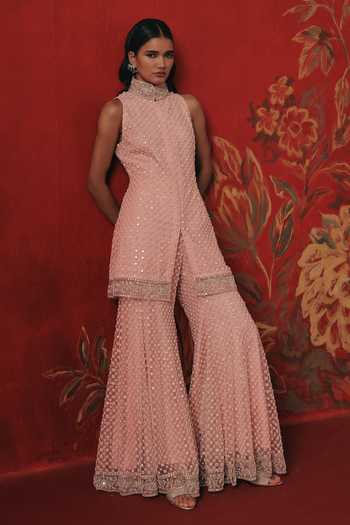 Twenty Nine_Pink Net High Neck Band Collar Sleeveless Short Tunic _at_Aza_Fashions