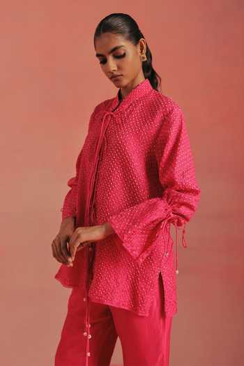 Twenty Nine_Pink Silk Mandarin Collar Rai Bandhani Tie-up Shirt _Online_at_Aza_Fashions