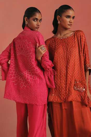 Buy_Twenty Nine_Pink Silk Mandarin Collar Rai Bandhani Tie-up Shirt _Online_at_Aza_Fashions