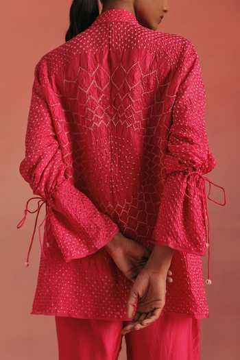 Shop_Twenty Nine_Pink Silk Mandarin Collar Rai Bandhani Tie-up Shirt _Online_at_Aza_Fashions