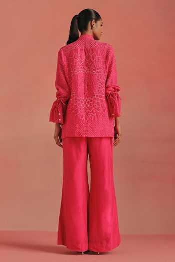 Shop_Twenty Nine_Pink Silk Mandarin Collar Rai Bandhani Tie-up Shirt _at_Aza_Fashions