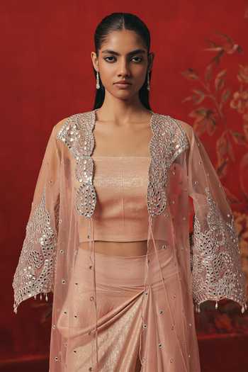 Buy_Twenty Nine_Pink Tulle Mirrors Open Neck Overlay Jacket _Online_at_Aza_Fashions