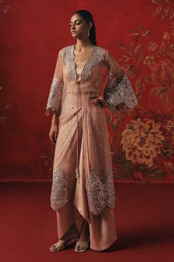 Buy_Twenty Nine_Pink Tulle Mirrors Open Neck Overlay Jacket _at_Aza_Fashions