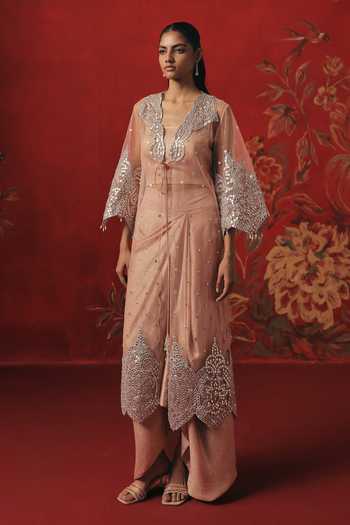 Shop_Twenty Nine_Pink Tulle Mirrors Open Neck Overlay Jacket _Online_at_Aza_Fashions
