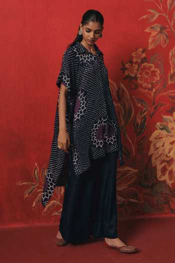 Buy_Twenty Nine_Blue Silk Collared Neck Oversize Bandhani Shirt _Online_at_Aza_Fashions