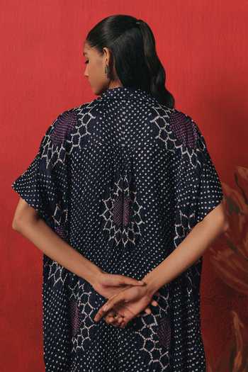 Twenty Nine_Blue Silk Collared Neck Oversize Bandhani Shirt _at_Aza_Fashions