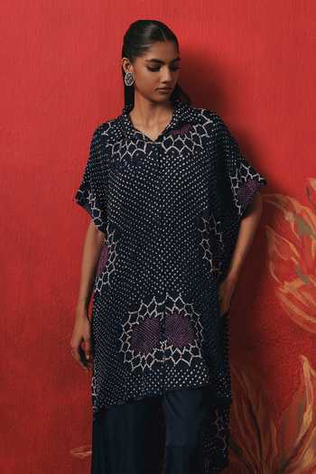 Buy_Twenty Nine_Blue Silk Collared Neck Oversize Bandhani Shirt 