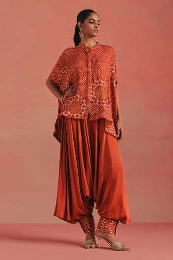 Buy_Twenty Nine_Orange Silk Mandarin Collar Band Bandhani Tunic _Online_at_Aza_Fashions