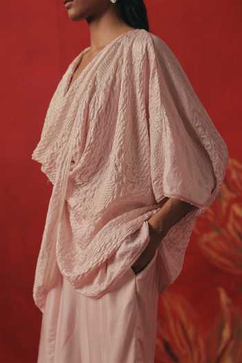 Twenty Nine_Pink Silk V-, Cowl Overlap Draped Bandhani Top _Online_at_Aza_Fashions