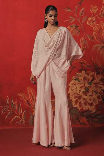 Buy_Twenty Nine_Pink Silk V-, Cowl Overlap Draped Bandhani Top _Online_at_Aza_Fashions