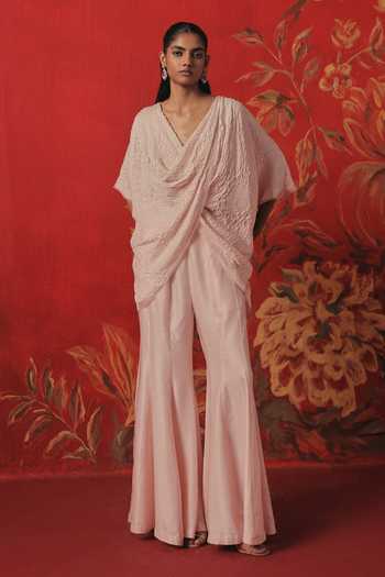 Shop_Twenty Nine_Pink Silk V-, Cowl Overlap Draped Bandhani Top _Online_at_Aza_Fashions