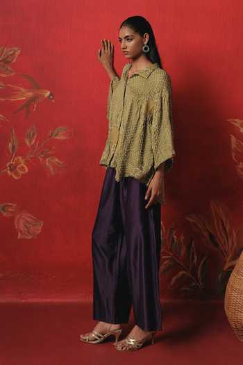 Twenty Nine_Olive Green Silk Button-down Neck Oversize Long Bandhani Shirt _Online_at_Aza_Fashions