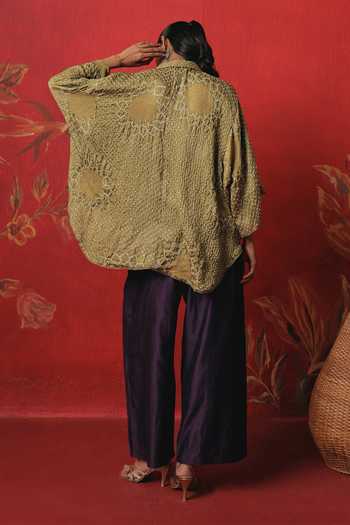 Shop_Twenty Nine_Olive Green Silk Button-down Neck Oversize Long Bandhani Shirt _at_Aza_Fashions