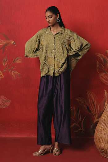 Shop_Twenty Nine_Olive Green Silk Button-down Neck Oversize Long Bandhani Shirt _Online_at_Aza_Fashions