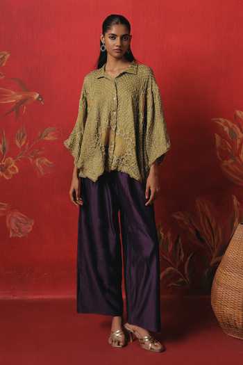 Twenty Nine_Olive Green Silk Button-down Neck Oversize Long Bandhani Shirt _at_Aza_Fashions