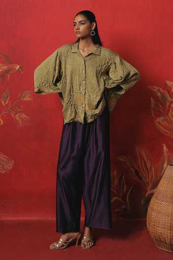 Buy_Twenty Nine_Olive Green Silk Button-down Neck Oversize Long Bandhani Shirt 